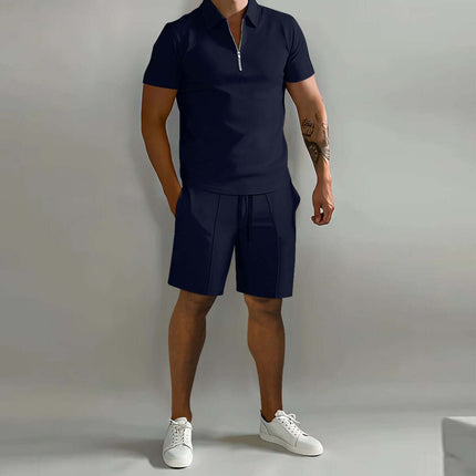 Mens Summer Polo Shirt And Drawstring Shorts Set model in navy outfit