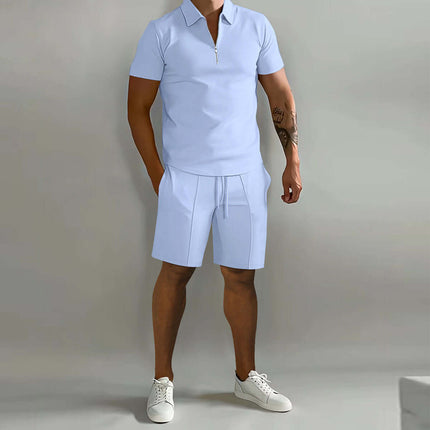 Mens Summer Polo Shirt And Drawstring Shorts Set in light blue color with a stylish fit, ideal for summer wear.