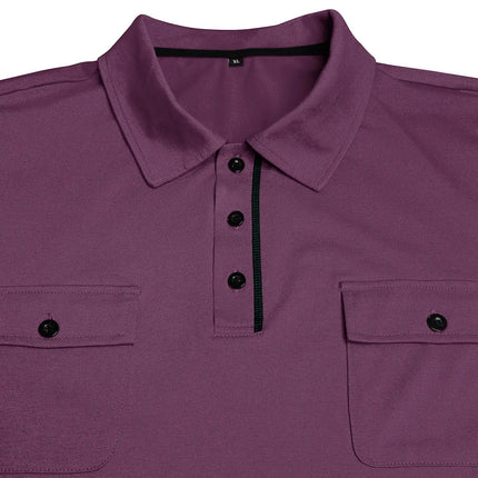 Mens Summer Short Sleeve Button Lapel Pocket Polo Shirt in purple with black buttons and pockets.