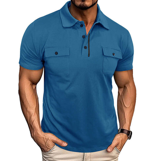 Mens Summer Short Sleeve Button Lapel Pocket Polo Shirt in blue, featuring two chest pockets, perfect for casual summer outings.