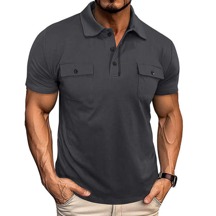 Mens Summer Short Sleeve Button Lapel Pocket Polo Shirt in dark gray color, featuring buttoned lapel and chest pockets.