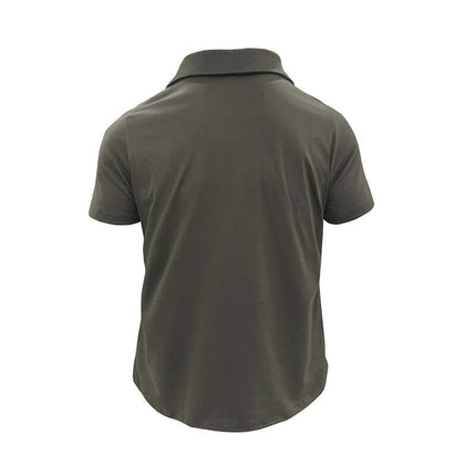 Back view of Mens Summer Short Sleeve Button Lapel Pocket Polo Shirt in dark green.