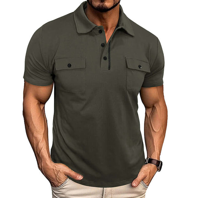 Mens Summer Short Sleeve Button Lapel Pocket Polo Shirt in dark green with two front pockets, perfect for casual wear.