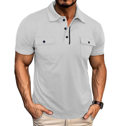 Mens Summer Short Sleeve Button Lapel Pocket Polo Shirt in light gray, featuring button front and dual chest pockets.