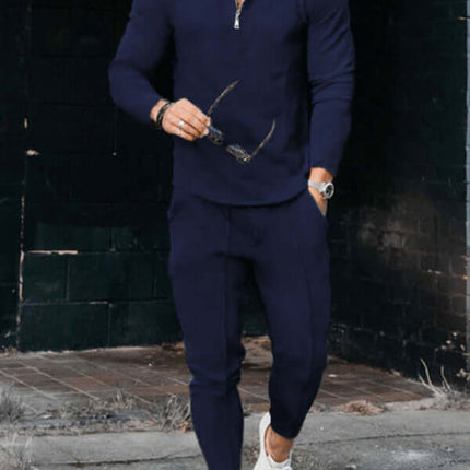 Mens Textured Half Zip Stand Collar Suit Casual Warm Fit+ side view