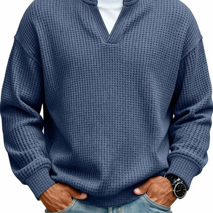 Mens Waffle V Neck Sweatshirt simple solid color design.