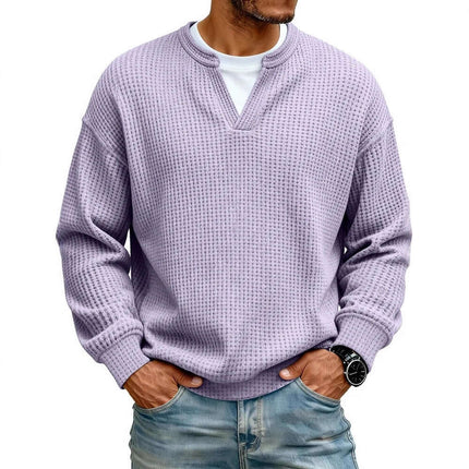 Mens Waffle V Neck Sweatshirt waffle weave texture close up.