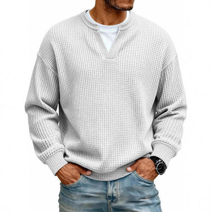 Mens Waffle V Neck Sweatshirt green spring pullover.