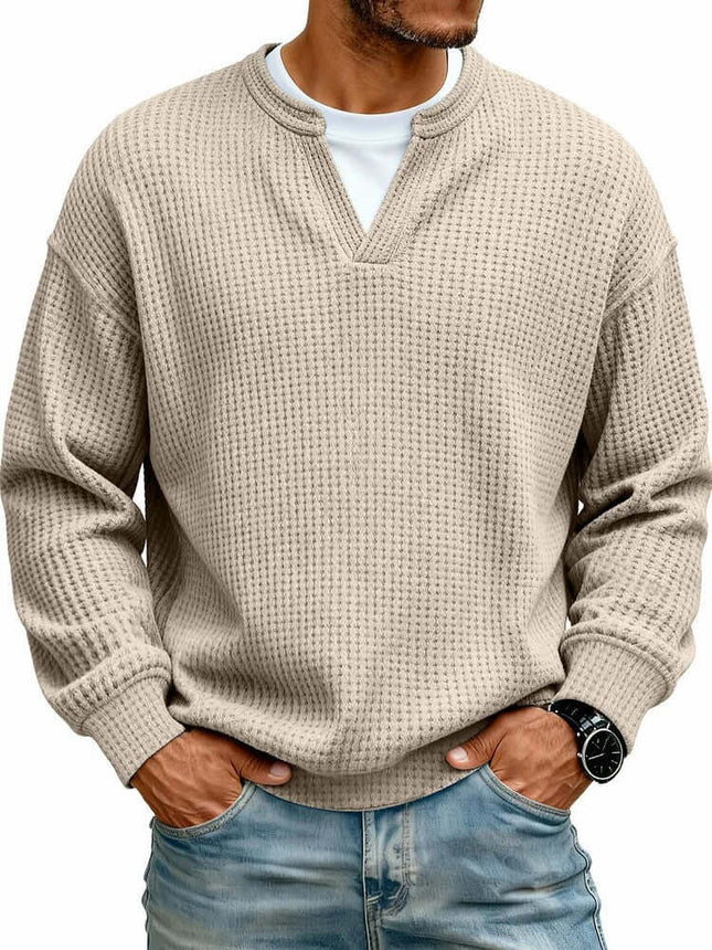 Mens Waffle V Neck Sweatshirt navy blue daily wear.