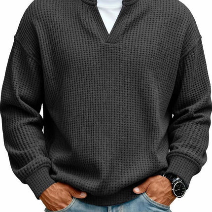 Mens Waffle V Neck Sweatshirt burgundy red style.