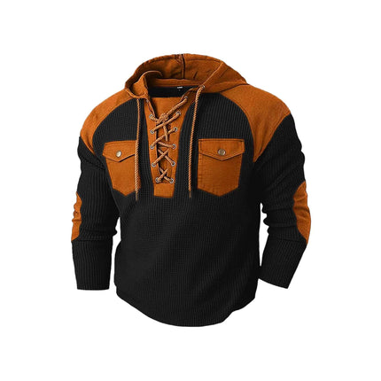 Mens Waffle-Weave Hooded Long-Sleeve Sweatshirt in black and orange with lace-up detail and pockets.