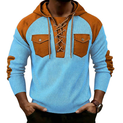 Mens Waffle-Weave Hooded Long-Sleeve Sweatshirt in blue and brown with lace-up neckline and pockets.