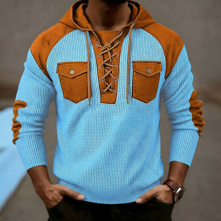 Mens Waffle-Weave Hooded Long-Sleeve Sweatshirt in blue with contrasting brown accents and lace-up detail.