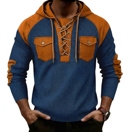 Mens Waffle-Weave Hooded Long-Sleeve Sweatshirt in blue and orange with lace-up front and pockets.