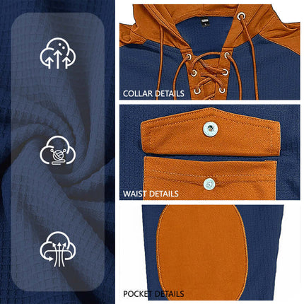 Detailed view of Mens Waffle-Weave Hooded Long-Sleeve Sweatshirt showing collar, waist, and pocket details.