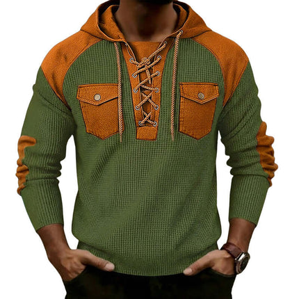 Mens Waffle-Weave Hooded Long-Sleeve Sweatshirt in green and orange with lace-up design and pockets on chest.