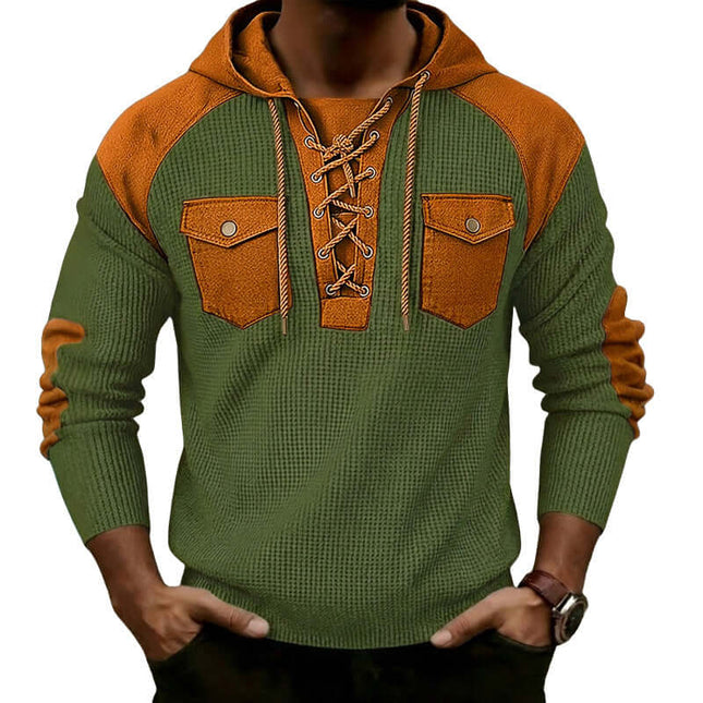 Mens Waffle-Weave Hooded Long-Sleeve Sweatshirt in green and orange with lace-up design and pockets on chest.