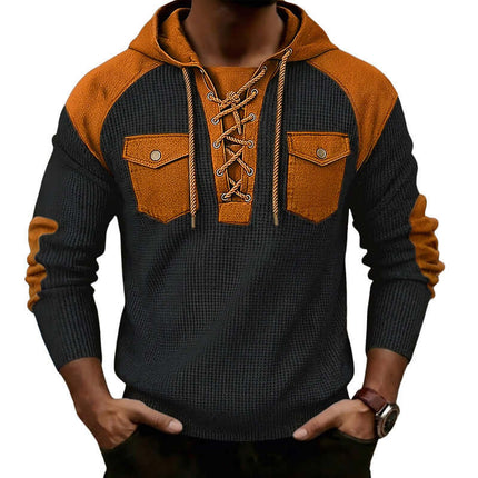 Mens Waffle-Weave Hooded Long-Sleeve Sweatshirt in grey and orange with lace-up and chest pockets.