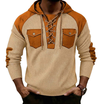 Mens Waffle-Weave Hooded Long-Sleeve Sweatshirt in beige and brown with lace-up design and pockets