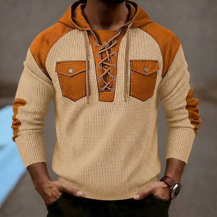Mens Waffle-Weave Hooded Long-Sleeve Sweatshirt with laced neckline and contrasting pocket details.