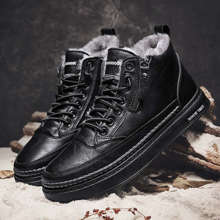 Mens Winter Plush Warm Casual Sports Shoes featuring a stylish black leather design and cozy interior lining.