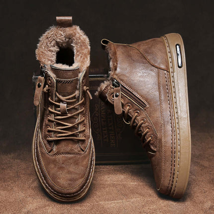 Mens Winter Plush Warm Casual Sports Shoes with brown leather and fur lining, perfect for cold weather and sports activities.