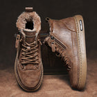 Mens Winter Plush Warm Casual Sports Shoes with brown leather and fur lining, perfect for cold weather and sports activities.