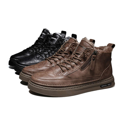 Mens Winter Plush Warm Casual Sports Shoes in brown and black with fur lining and stylish design.