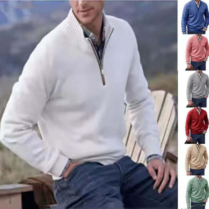 Mens Zipper Stand Collar Knitted Pullover Sweater red fashion