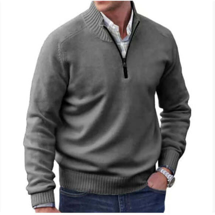 Mens Zipper Stand Collar Knitted Pullover Sweater rib hem detail