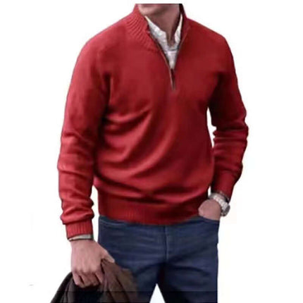 Mens Zipper Stand Collar Knitted Pullover Sweater solid color collection