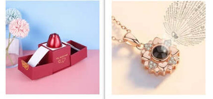 Metal Rose Jewelry Gift Box with Crystal Necklace displayed with a floral arrangement.