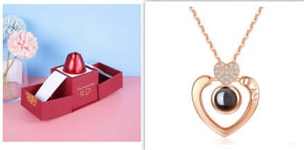 Metal Rose Jewelry Gift Box with Crystal Necklace featuring a red gift box and a heart-shaped necklace.