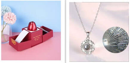Metal Rose Jewelry Gift Box with Crystal Necklace on display, featuring a decorative storage box and elegant pendant.