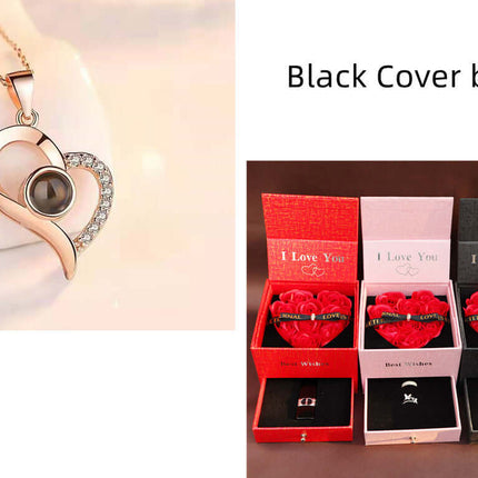 Metal Rose Jewelry Gift Box with Crystal Necklace and various decorative jewelry boxes.
