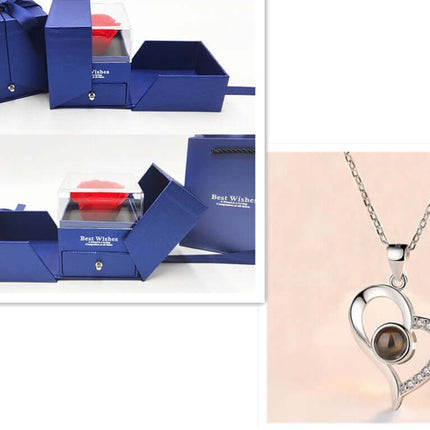 Metal Rose Jewelry Gift Box with Crystal Necklace displayed in blue gift box and heart-shaped pendant.