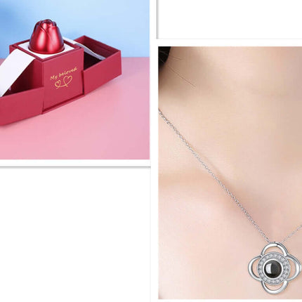 Metal Rose Jewelry Gift Box with Crystal Necklace displayed in a romantic setting, showcasing the elegant necklace design.
