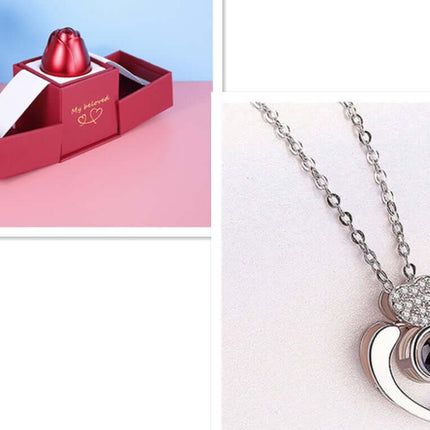 Metal Rose Jewelry Gift Box with Crystal Necklace displayed with a heart-shaped pendant and elegant storage case.