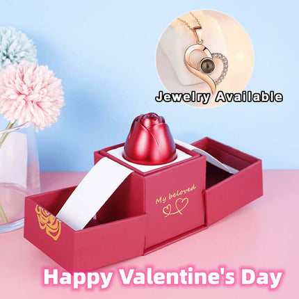 Metal Rose Jewelry Gift Box with Crystal Necklace displayed with flowers, perfect for Valentine's Day gifts.
