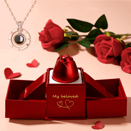 Metal Rose Jewelry Gift Box with Crystal Necklace, featuring a red rose-shaped box and elegant crystal necklace.