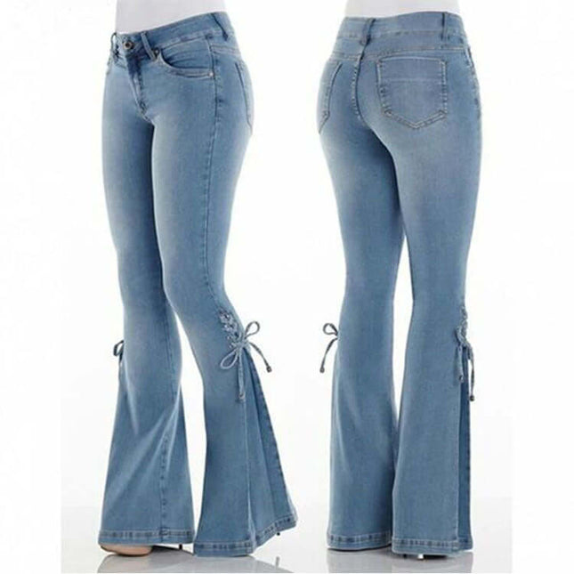 Mid Waisted Stretch Denim Flare Jeans showcasing side and back views with stylish leg ties.