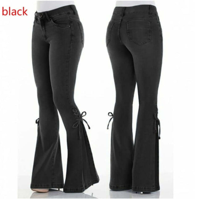 Mid Waisted Stretch Denim Flare Jeans for Women's shown in black color with side tie details.