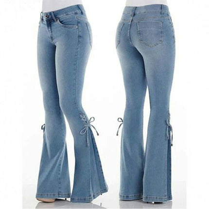Mid Waisted Stretch Denim Flare Jeans for women in light blue featuring stylish flared bottoms and tie details.