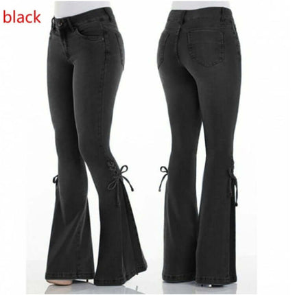 Mid Waisted Stretch Denim Flare Jeans in black, featuring a stylish flared design and tie detail on the sides.