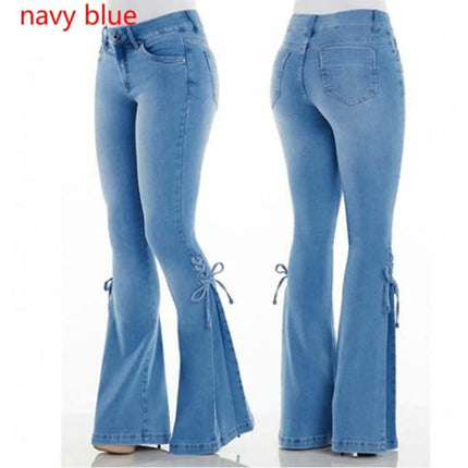 Mid Waisted Stretch Denim Flare Jeans in navy blue showing front and back views with stylish flare and tie details.