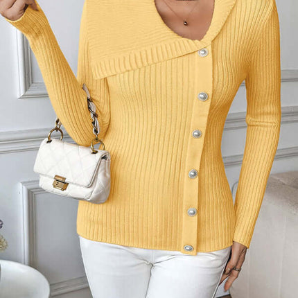 alt="Elegant Pearl Asymmetrical V-Neck Slim Sweater for Women model wearing"