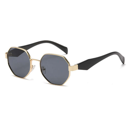 Modern Square Polygon Metal Sunglasses Full Frame UV400 with black arms and gray lenses, stylish retro eyewear.
