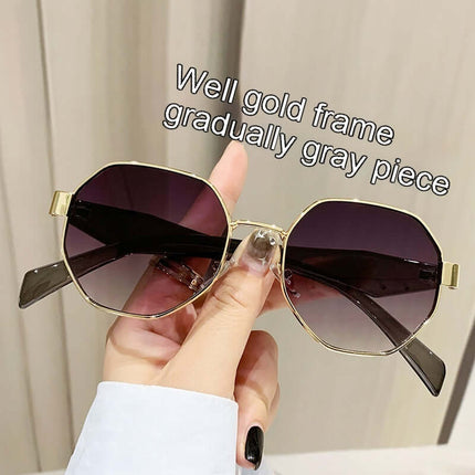 Modern Square Polygon Metal Sunglasses Full Frame UV400 in a well gold frame and gradually gray lenses.