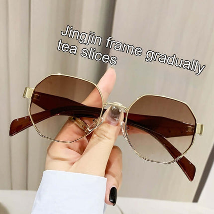 Modern Square Polygon Metal Sunglasses Full Frame UV400 with brown lenses and stylish frame held by a hand.