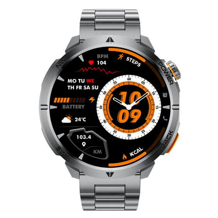 MT68 Outdoor Adventure Smart Watch with 1000mAh Battery showing screen features such as BPM, steps, battery level, and weather.